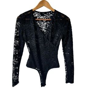 Basik By RD Style Long Sleeve Black Lace V-Neck Bodysuit Women's Size Small